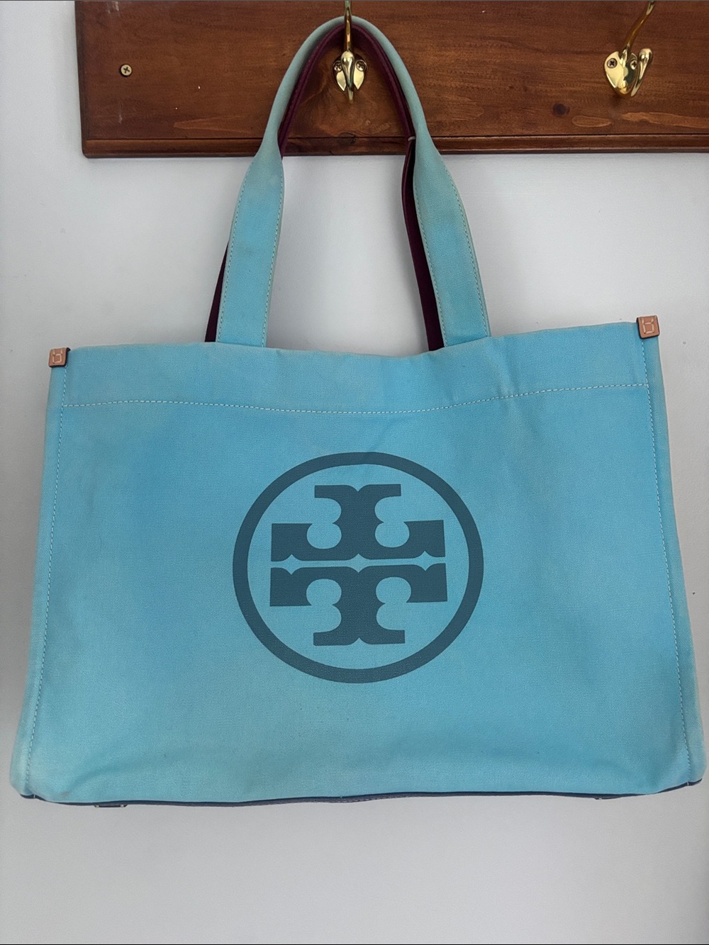 Tory Burch Aqua Canvas Tote with Logo
